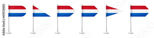 Realistic various Dutch table flags on a chrome steel pole. Souvenir from Netherlands. Desk flag made of paper or fabric, shiny metal stand. Mockup for promotion and advertising. Vector illustration