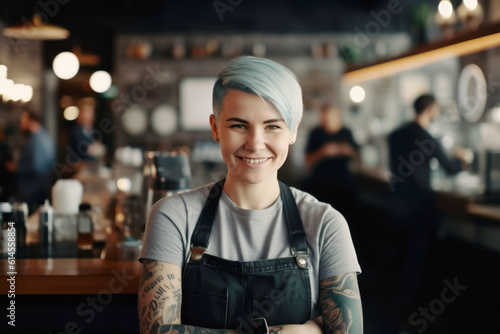 Portrait of a happy and smiling female waiter, or small business owner in the coffee shop. 