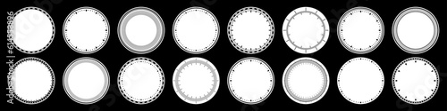 Mechanical clock faces, bezel. Watch dial with minute and hour marks. Timer or stopwatch element. Blank measuring circle scale with divisions. Vector illustration.