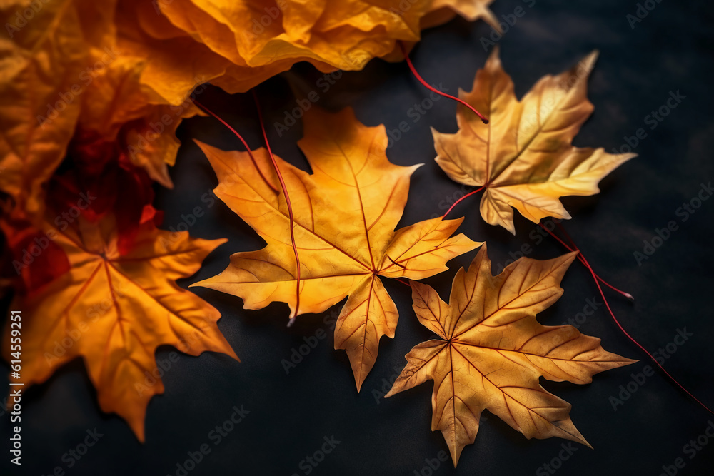 Fototapeta premium Maple autumn leaves lie, yellow, orange and green. AI generative