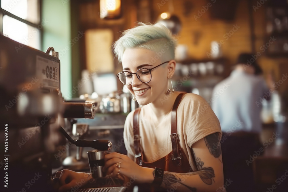 Smiling woman making coffee in coffee maker. Portrait of a happy and smiling waitress, or small business owner in the coffee shop. 