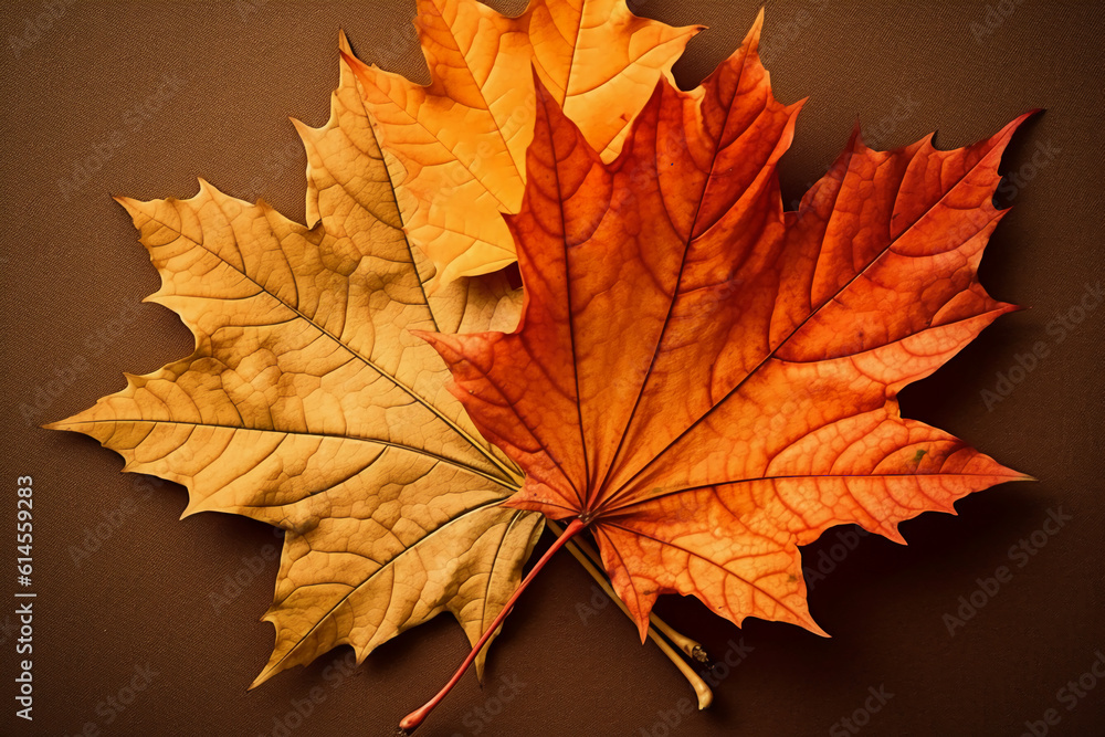 Fototapeta premium Maple autumn leaves lie, yellow, orange and green. AI generative