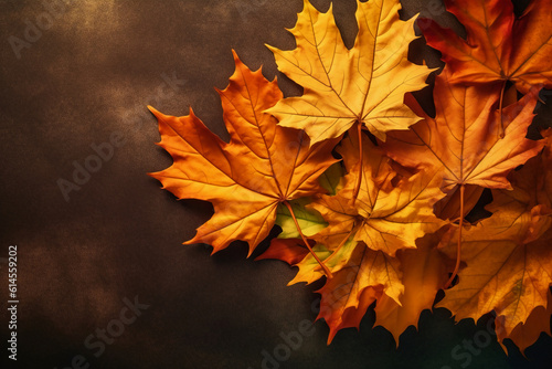 Maple autumn leaves lie  yellow  orange and green. AI generative