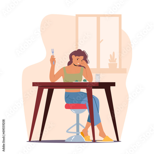 Woman With Anorexia Reluctantly Eats Broccoli, Symbolizing Her Ongoing Struggle With Food, Vector Illustration