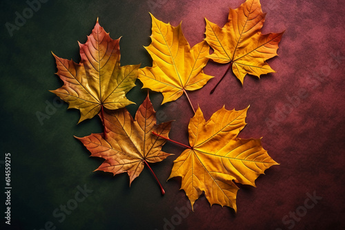 Maple autumn leaves lie, yellow, orange and green. AI generative