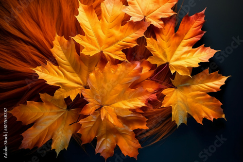 Maple autumn leaves lie, yellow, orange and green. AI generative