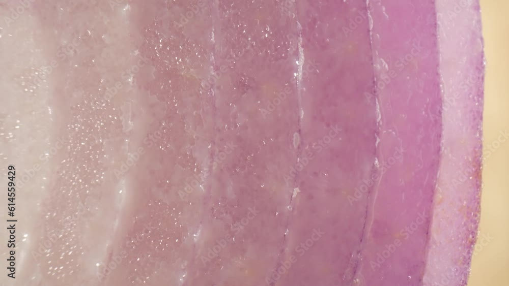 Captivating macro video featuring vibrant half red onions, filmed with a mesmerizing probe lens. Witness the intricate layers and intense hues in this captivating culinary close-up. Captivating macro video featuring vibrant half red onions, filmed with a mesmerizing probe lens. Witness the intricate layers and intense hues in this captivating culinary close-up.