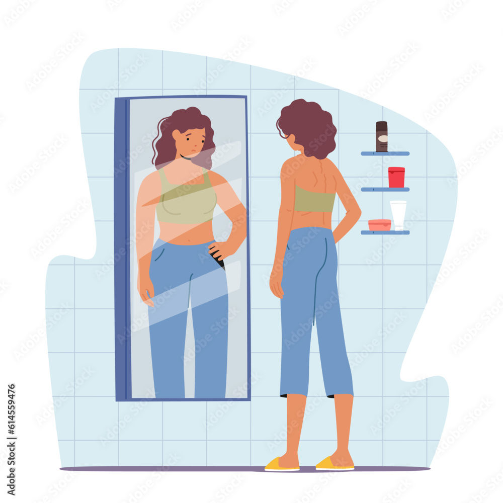 Woman Feel Guilty and Hate Appearance in Mirror Look herself Fat. Anorexia or Bulimia Concept, Vector Illustration Woman Feel Guilty and Hate Appearance in Mirror Look herself Fat. Anorexia or Bulimia Concept, Vector Illustration