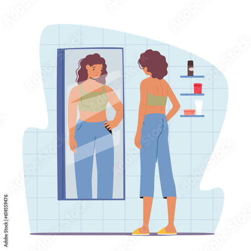 Woman Feel Guilty and Hate Appearance in Mirror Look herself Fat. Anorexia or Bulimia Concept, Vector Illustration