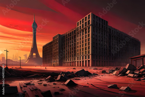 A desolate aftermath of a nuclear bomb detonation, with twisted remnants of buildings silhouetted against a blood-red sky © Beste stock