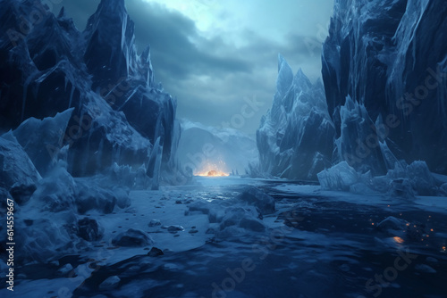 Roup of warriors captured this icy and glacier land. AI generative