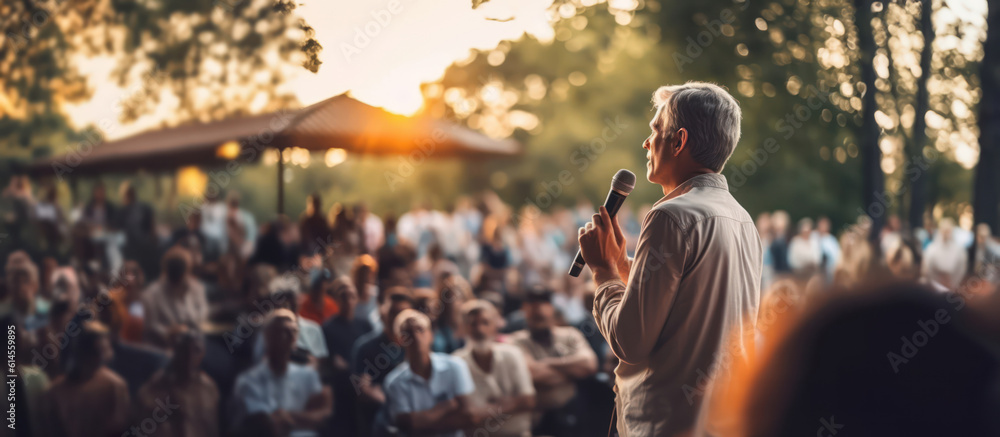Fototapeta premium back of a man activist giving a speech for his cause among people demonstration protester as wide banner with copy space area - generative AI