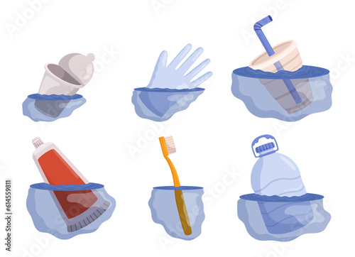 Floating Debris In Water. Disposable Package, Rubber Glove, Toothpaste Tube And Brush, Plastic Bottle Trash, Vector