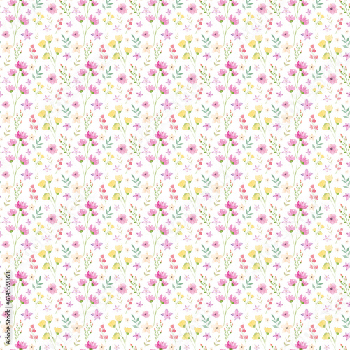 Watercolor floral bouquet seamless pattern with small flowers and leaves. Ditsy pattern. Plant background for fashion, tapestries, prints. Modern floral design perfect for fashion and decoration.