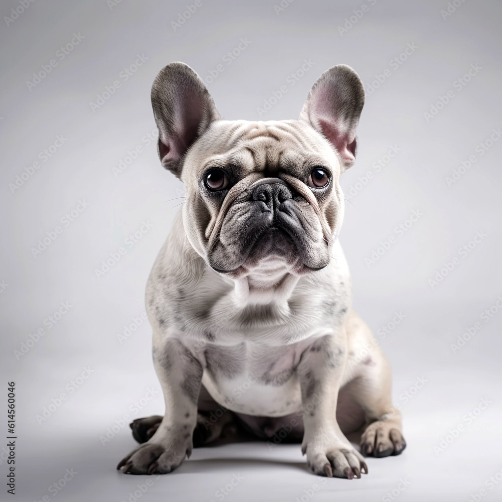 Cute French Bulldog dog sitting, front view, looking serious into the camera , pet  portrait, studio shot, beige small dog, Portrait image, matte photo, hight quality, sharp focus, isolated background