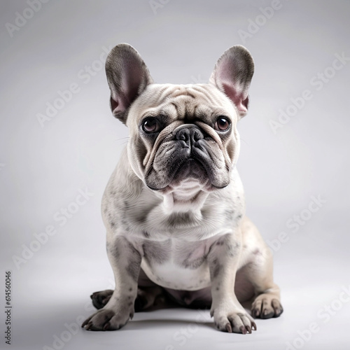 Cute French Bulldog dog sitting, front view, looking serious into the camera , pet  portrait, studio shot, beige small dog, Portrait image, matte photo, hight quality, sharp focus, isolated background © elvil