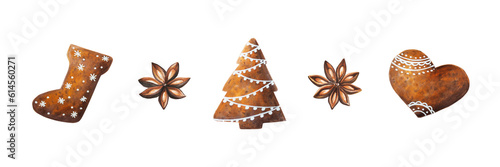 Watercolor Christmas crispy gingerbread cookies with icing and anise stars. New year hand painting spices isolated on white background. For designers, food decoration, men