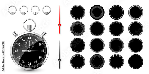Classic stopwatch with clock faces. Shiny metal chronometer, time counter with dial. Countdown timer showing minutes and seconds. Time measurement for sport, start and finish. Vector illustration