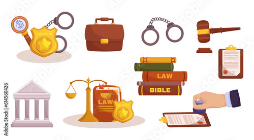 Comprehensive Law Elements Set Comprising Legal Documents, Contracts, Case Studies, Police Badge, Handcuffs, Scales