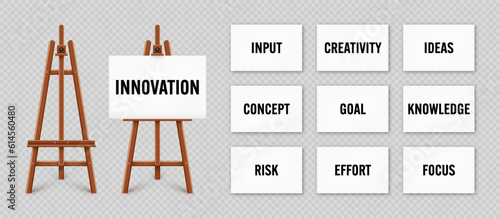 Realistic paint desk with text on white canvas. Wooden easel and a sheet of drawing paper. Presentation board on a tripod. Innovation, creativity and creative ideas. Vector illustration