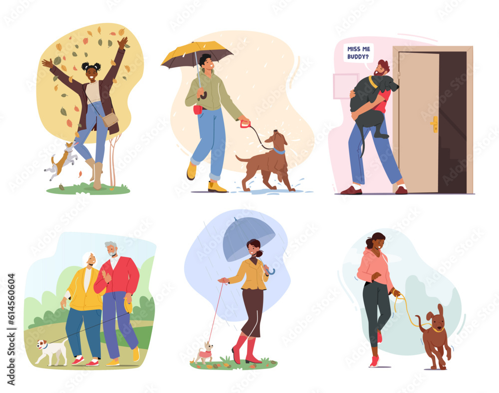 Set of Characters Stroll with Their Dogs, Enjoying Outdoor Exercise And Bonding Time While Exploring The Surroundings