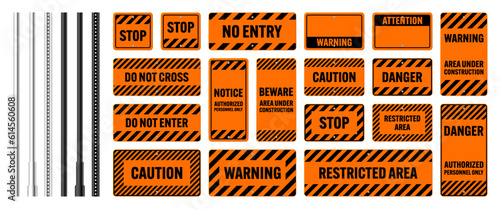 Warning, danger signs, attention banners with metal poles. Orange caution sign, construction site signage. Notice signboard, warning banner, road shield. Vector illustration © 32 pixels