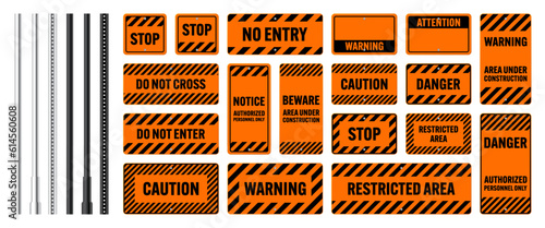 Warning, danger signs, attention banners with metal poles. Orange caution sign, construction site signage. Notice signboard, warning banner, road shield. Vector illustration