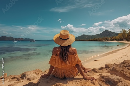 A young woman in a straw hat sits on a sandy beach and looks into the distance. illustration of ai generative © Helena GARCIA