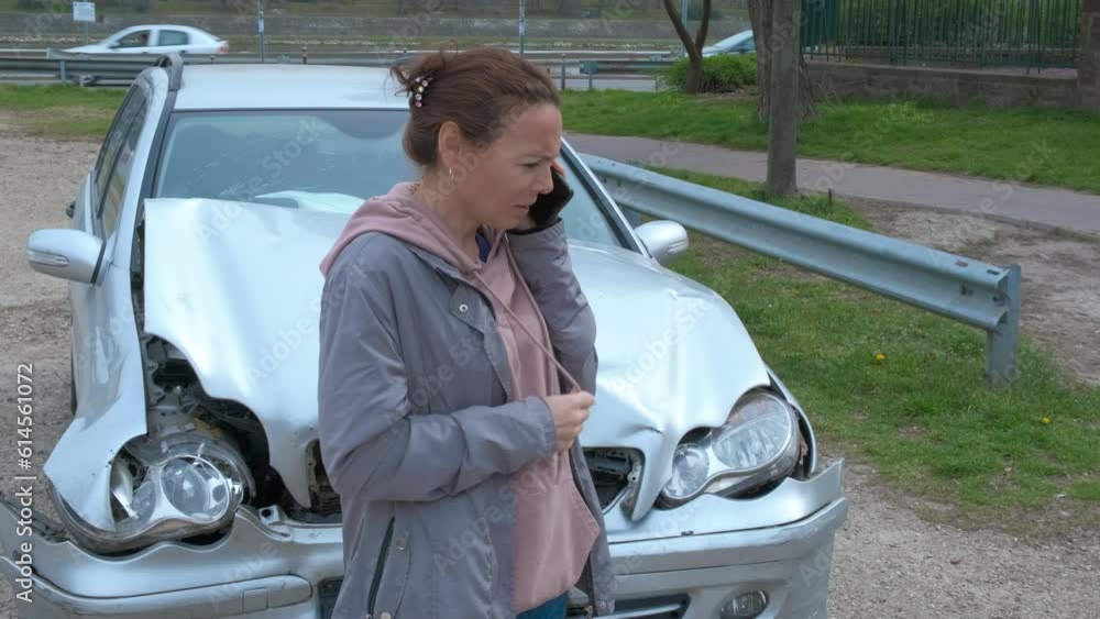 Lady talk with emergency services by crashed vehicle. A stressed woman ...