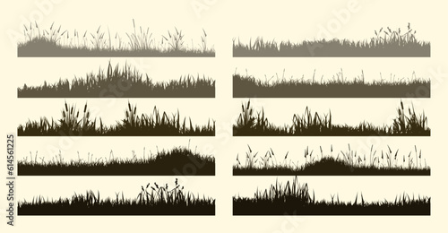 Meadow silhouettes with grass, plants on plain. Panoramic summer lawn landscape with herbs, various weeds. Herbal border, frame element. Brown horizontal banners. Vector illustration