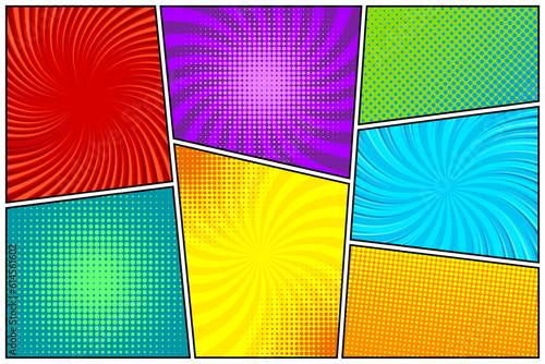 Colorful twisted comic book radial rays, lines. Comics background with motion, speed lines. Pop art style elements. Vector illustration