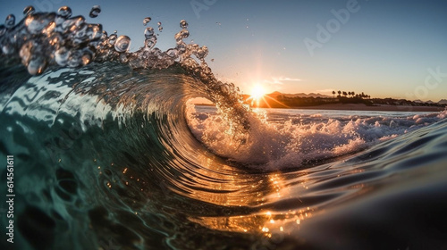 Inside a rolling wave in the ocean as it breaks at sunrise or sunset photo