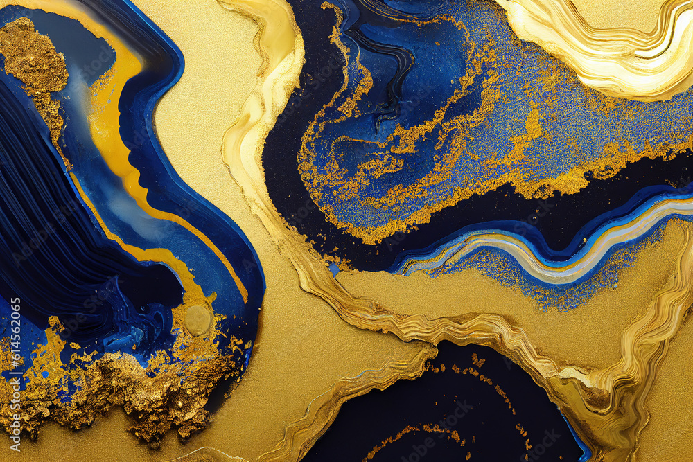 Blue and golden acrylic liquid ink swirl abstract background with ...