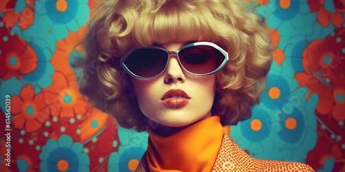 a beautiful flower power woman with cool sunglasses, fictional person created with generative ai