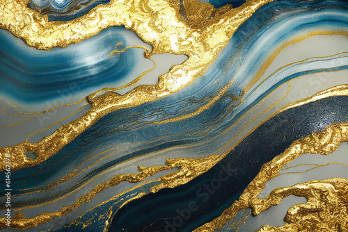 Blue and golden acrylic liquid ink swirl abstract background with ravishing turbulence wavy pattern and detailed texture. Luxury fluid liquid art by Generative AI.