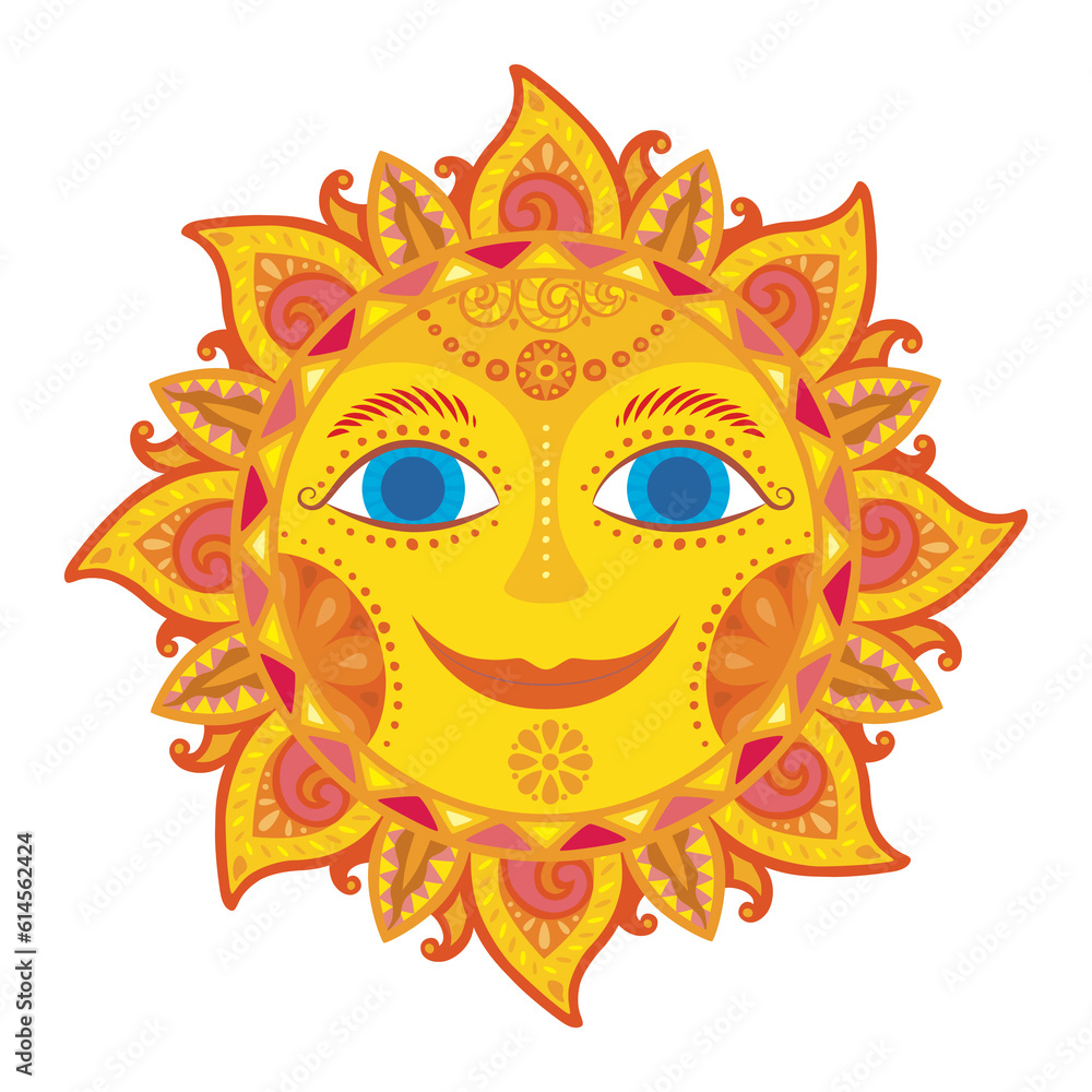 Folkloric style smiling sun with blue eyes Folkloric style smiling sun with blue eyes