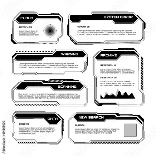 Black futuristic HUD, UI elements. Sci-fi user interface text boxes, callouts. Warning message frames, information boxes template. Modern game interface layout in digital style. Vector illustration