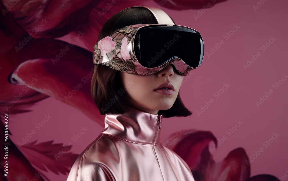 Ai-generated illustration of a fashionable Chinese woman wearing luxury virtual reality (VR) goggles fuses fashion, technology, and creativity. Showcases the transformative power of personal style. Ai-generated illustration of a fashionable Chinese woman wearing luxury virtual reality (VR) goggles fuses fashion, technology, and creativity. Showcases the transformative power of personal style.