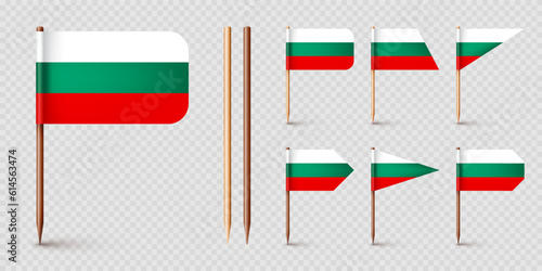 Bulgarian toothpick flags. Souvenir from Bulgaria. Wooden toothpicks with paper flag. Location mark, map pointer. Blank mockup for advertising and promotions. Vector illustration