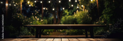 Empty Wooden Patio Table Backdrop with Blurred Outside Garden at Night, Generative AI