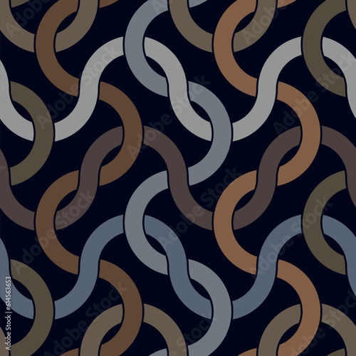 Abstract geometric composition of tangled multicolored wavy lines on a black background. Seamless repeating pattern.Vector image for textile, wrapping, packaging, print, web, and decorative projects