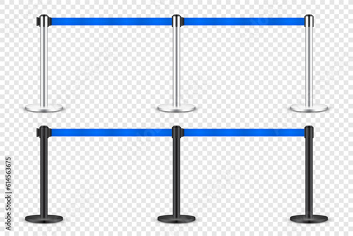 Realistic blue retractable belt stanchion. Crowd control barrier posts with caution strap. Queue lines. Restriction border and danger tape. Attention, warning sign. Vector illustration