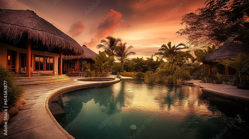 A tranquil tropical resort getaway in golden afternoon light at sunset - obrazy, fototapety, plakaty 