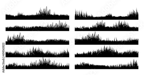 Meadow silhouettes with grass, plants on plain. Panoramic summer lawn landscape with herbs, various weeds. Herbal border, frame element. Black horizontal banners. Vector illustration