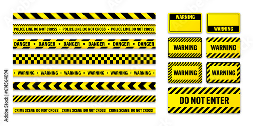 Various barricade construction tapes and warning shields. Yellow police warning line, brightly colored danger or hazard stripe, ribbon. Restricted area, zone. Attention symbol. Vector illustration © 32 pixels