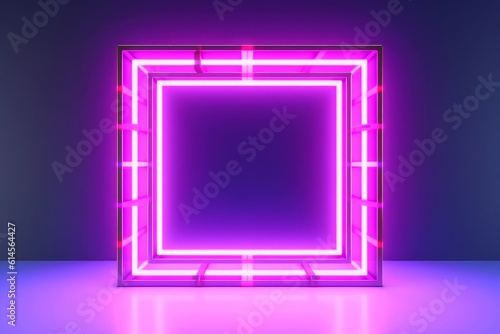 Abstract neon background with a colorful square frame. A simple geometric shape creates a blank banner, perfect for showcasing content. Generative AI