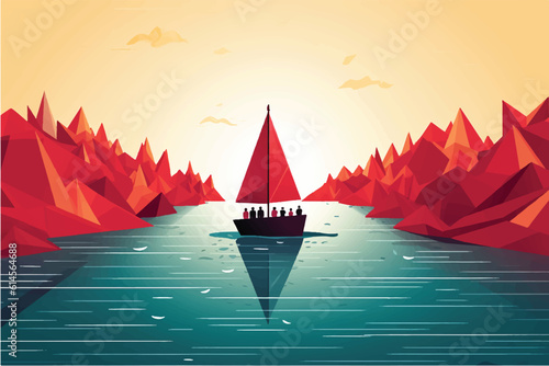 cartoon vector illustration of Navigating Success, Red paper boat leads the way in leadership concept