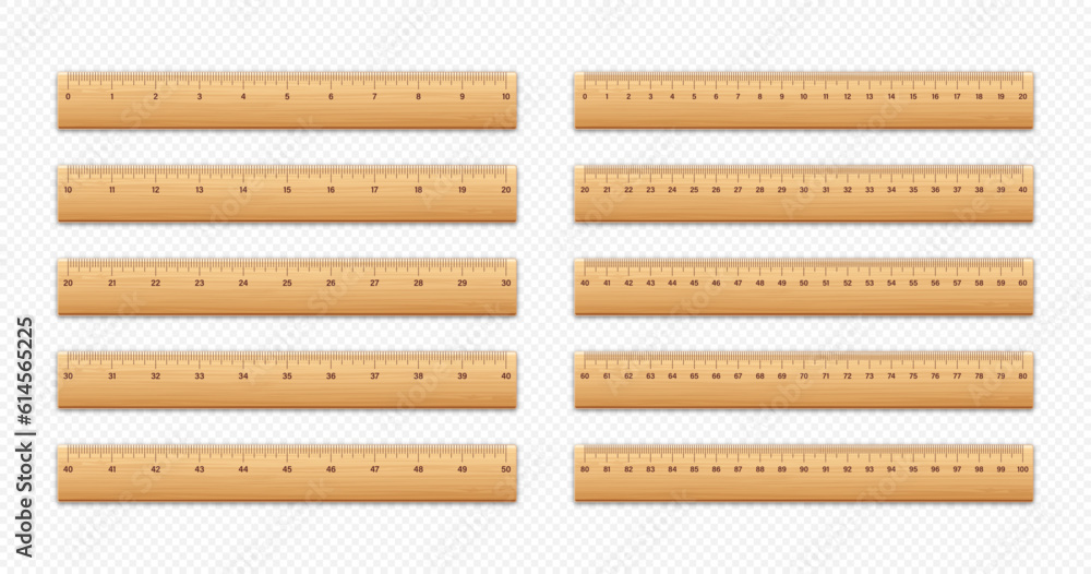 Realistic various wooden rulers with measurement scale and divisions ...