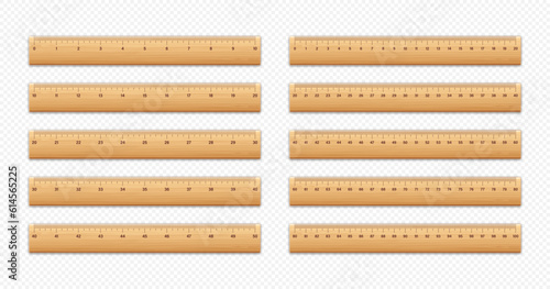 Realistic various wooden rulers with measurement scale and divisions, measure marks. School ruler, centimeter and inch scale for length measuring. Office supplies. Vector illustration