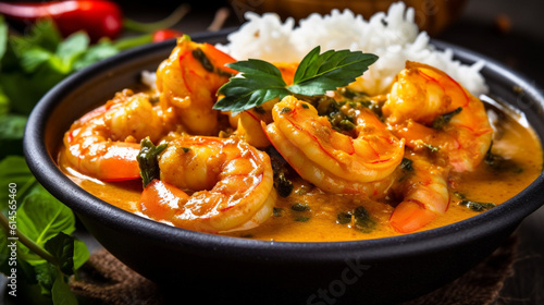 Coconut shrimp curry served with rice, creamy shrimp curry